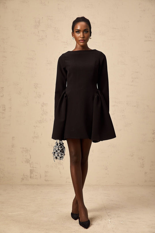 Natalie Black Long Sleeve Mini Dress with Bateau Neck and Ruched Detailing