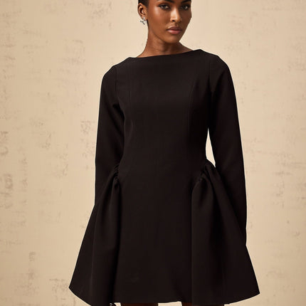 Natalie Black Long Sleeve Mini Dress with Bateau Neck and Ruched Detailing