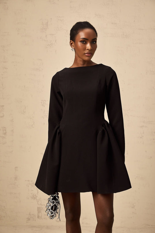 Natalie Black Long Sleeve Mini Dress with Bateau Neck and Ruched Detailing