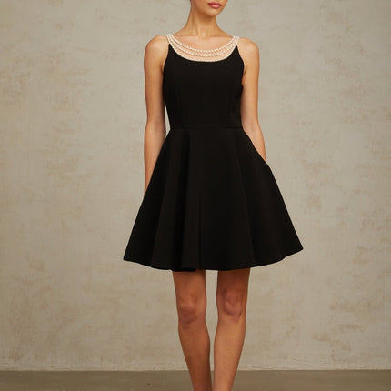 Natalie Black Mini Dress with Faux-Pearl Embellishments and Flounce Hem