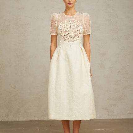 Natalie Cream White Braided Bead Midi Dress Textured Panelled
