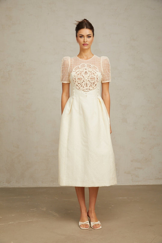 Natalie Cream White Braided Bead Midi Dress Textured Panelled