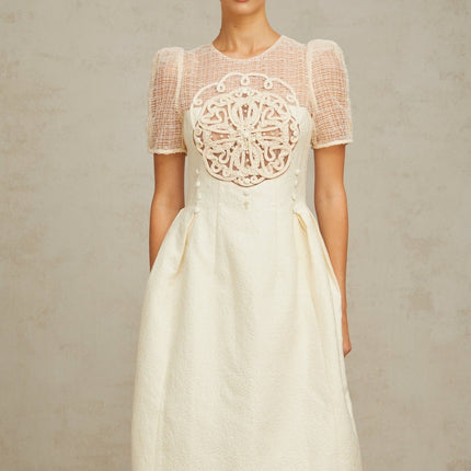 Natalie Cream White Textured Panelled Braided Bead Midi Dress