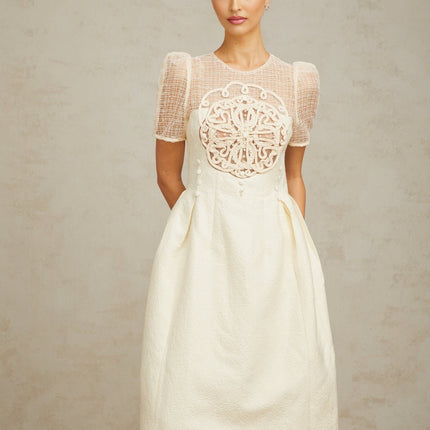 Natalie Cream White Textured Panelled Braided Bead Midi Dress