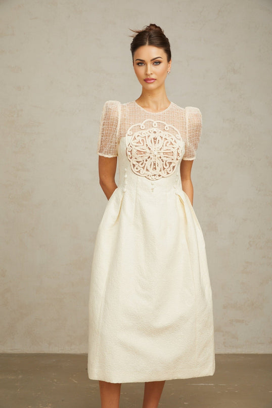 Natalie Cream White Textured Panelled Braided Bead Midi Dress