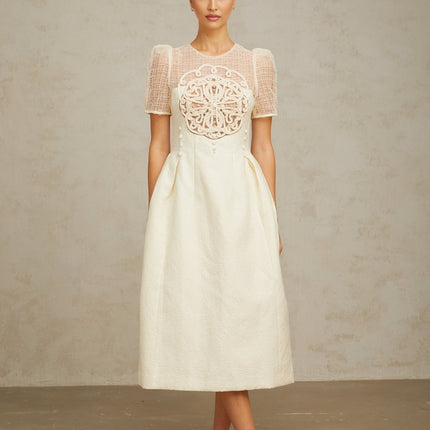 Natalie Cream White Textured Panelled Braided Bead Midi Dress