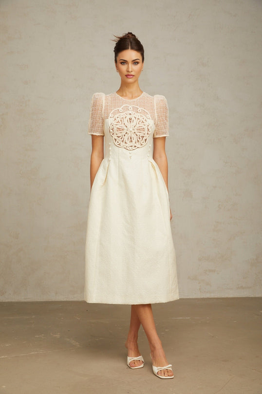 Natalie Cream White Textured Panelled Braided Bead Midi Dress