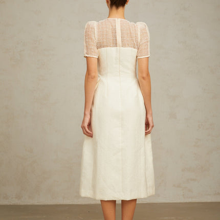 Natalie Cream White Textured Panelled Braided Bead Midi Dress