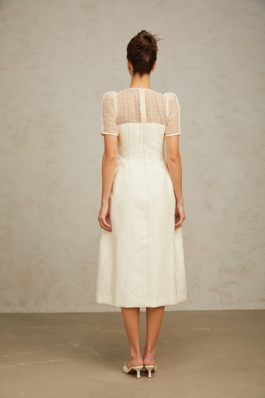 Natalie Cream White Textured Panelled Braided Bead Midi Dress
