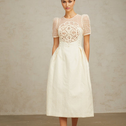Natalie Cream White Textured Panelled Braided Bead Midi Dress