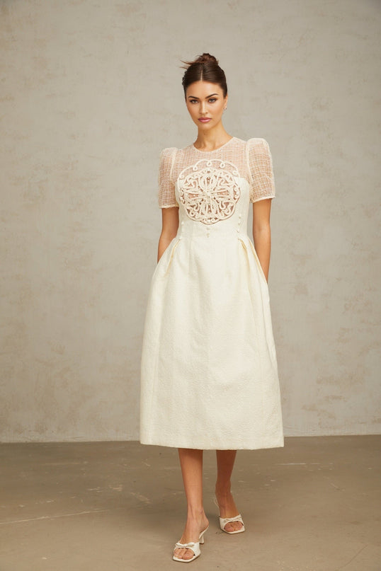 Natalie Cream White Textured Panelled Braided Bead Midi Dress