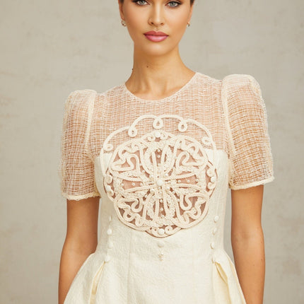 Natalie Cream White Textured Panelled Braided Bead Midi Dress