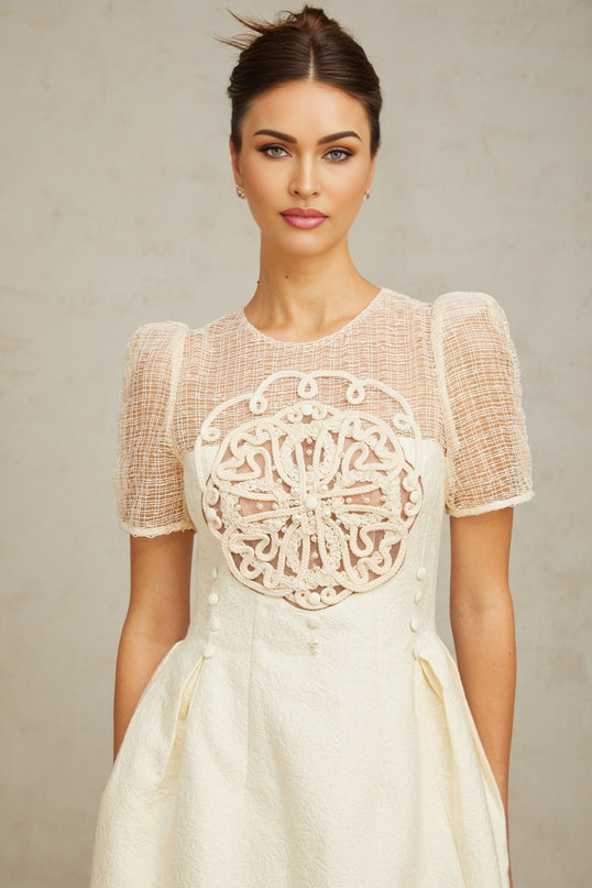 Natalie Cream White Textured Panelled Braided Bead Midi Dress