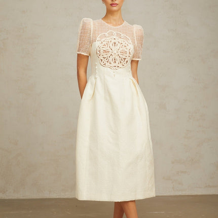 Natalie Cream White Textured Panelled Braided Bead Midi Dress