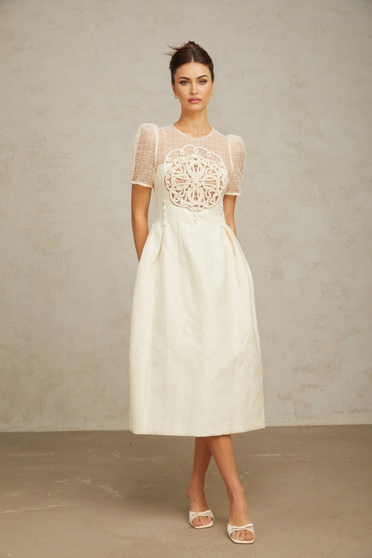 Natalie Cream White Textured Panelled Braided Bead Midi Dress