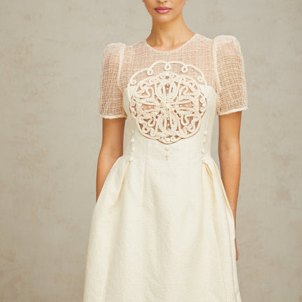 Natalie Cream White Textured Panelled Braided Bead Midi Dress
