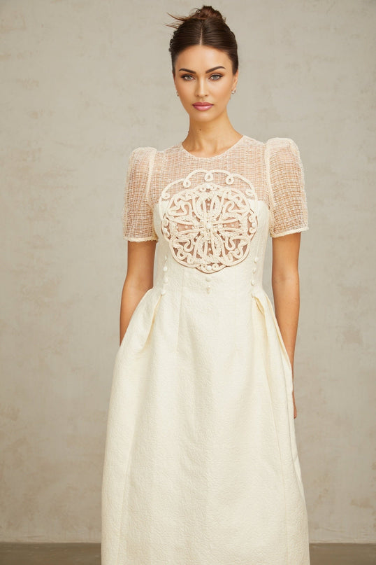 Natalie Cream White Textured Panelled Braided Bead Midi Dress