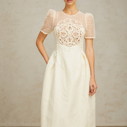 Natalie Cream White Textured Panelled Braided Bead Midi Dress