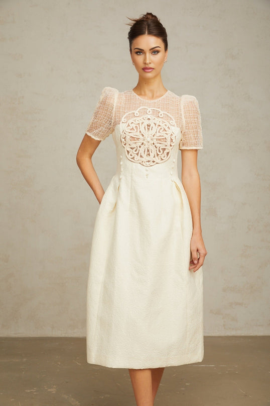Natalie Cream White Textured Panelled Braided Bead Midi Dress