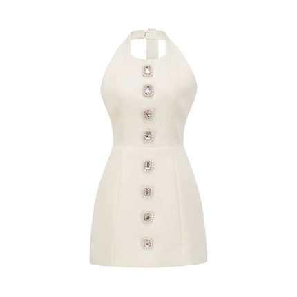 Natalie White Mini Dress with Crystal Buttons and Waist-Tightened Design