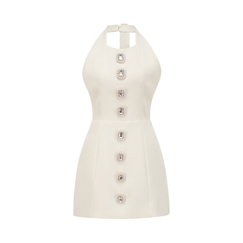 Natalie White Mini Dress with Crystal Buttons and Waist-Tightened Design