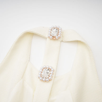 Natalie White Mini Dress with Crystal Buttons Waist-Tightened Design Elegant Thigh-Length
