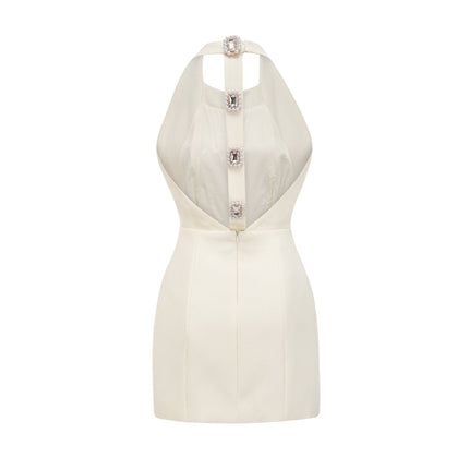 Natalie White Mini Dress with Crystal Buttons Waist-Tightened Design Elegant Thigh-Length