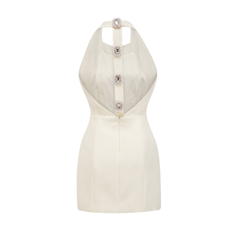 Natalie White Mini Dress with Crystal Buttons Waist-Tightened Design Elegant Thigh-Length
