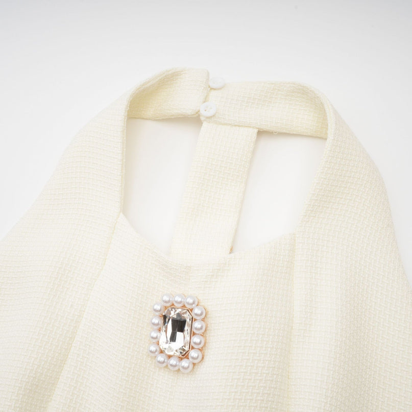 Natalie White Sleeveless Mini Dress with Crystal Buttons and Waist-Tightened Design