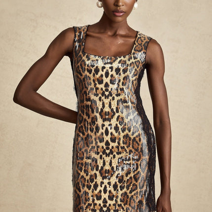 Natalina Brown Leopard Sequin Lace Mini Dress