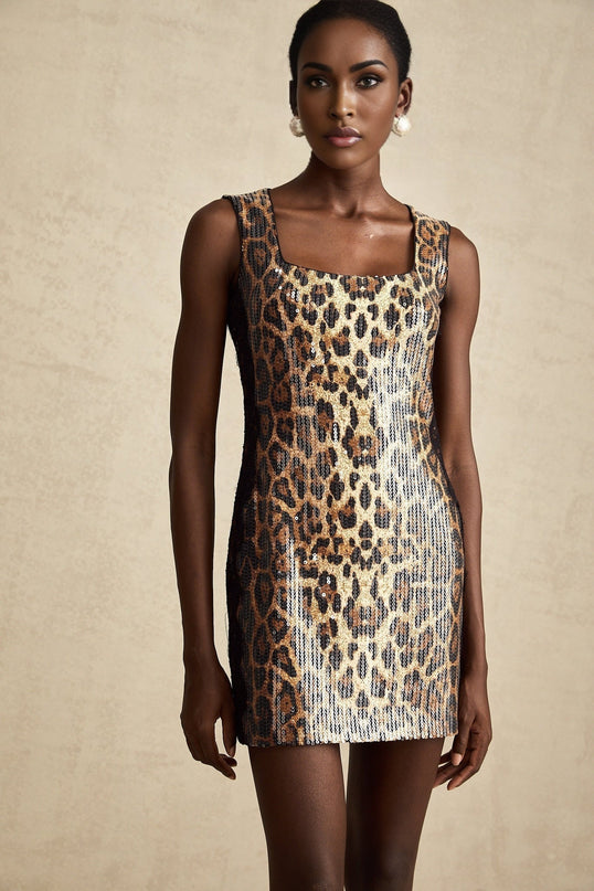 Natalina Brown Leopard Sequin Lace Mini Dress