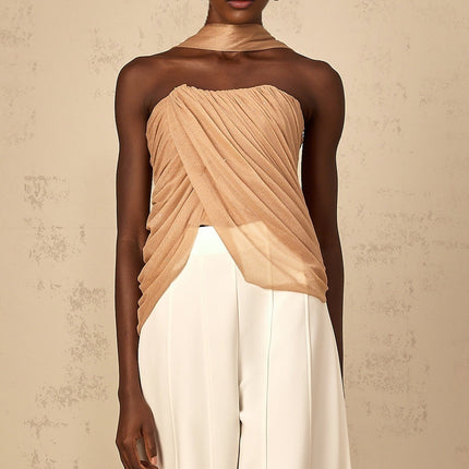 Natalina Brown Sequin Halter Neck Top with Ruched Tulle Detailing