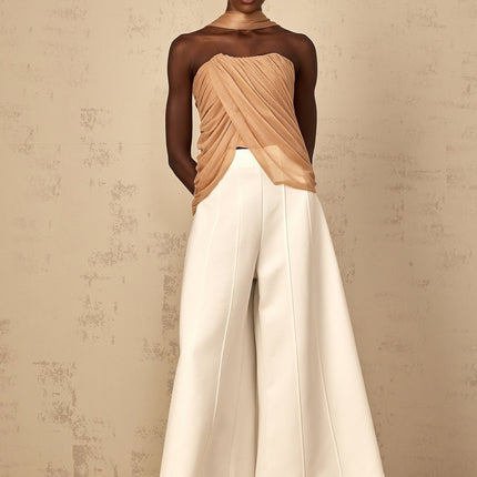 Natalina Brown Sequined Halter Neck Top with Ruched Tulle Detailing for Special Occasions