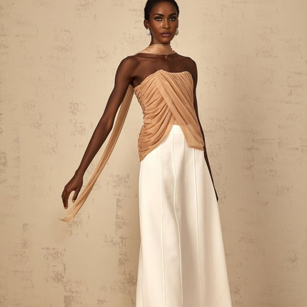 Natalina Brown Sequined Halter Neck Top Ruched Tulle Detailing Boned Bodice Rear Zip Fastening Off the Shoulder Styling Curved Hem