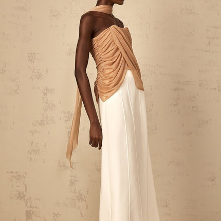 Natalina Brown Sequined Halter-Neck Top with Ruched Tulle Detailing