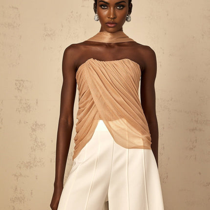 Natalina Brown Sequined Halter Neck Top Ruched Tulle Detailing Elegant Glamorous Boned Bodice Rear Zip Fastening Off-Shoulder Styling Curved Hem Chic Luxury Timeless Sophistication
