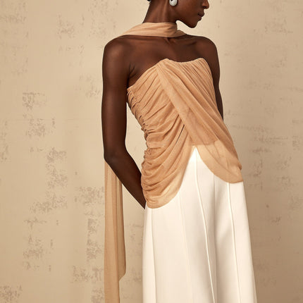 Natalina Brown Sequined Halter Neck Top Ruched Tulle Detailing Boned Bodice Off Shoulder Styling Curved Hem