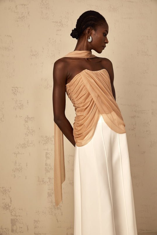Natalina Brown Sequined Halter Neck Top Ruched Tulle Detailing Boned Bodice Off Shoulder Styling Curved Hem