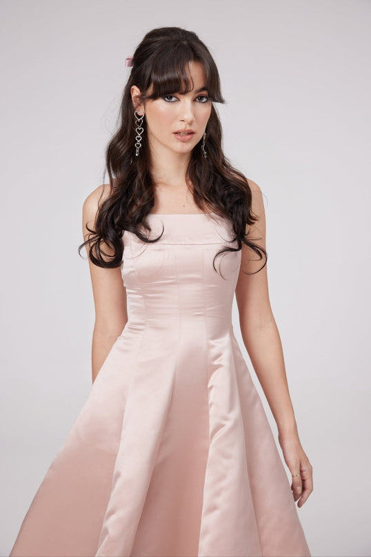 Natalina Pink Sleeveless Midi Dress with Bowknot Strap Detailing and Pleats in High-Gloss Terylene Fiber