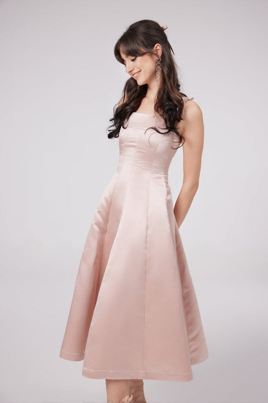 Natalina Pink Sleeveless Midi Dress with Bowknot Strap Detailing and Cinched Waist