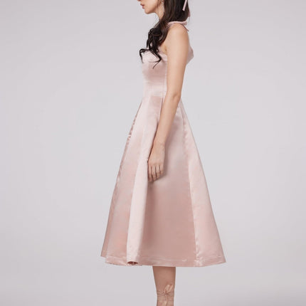 Natalina Pink Sleeveless Midi Dress with Bowknot Strap Detailing and Pleats in High-Gloss Terylene Fiber for Special Occasions