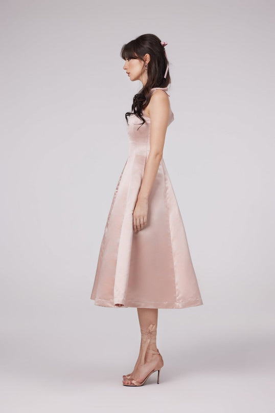 Natalina Pink Sleeveless Midi Dress with Bowknot Strap Detailing and Pleats in High-Gloss Terylene Fiber for Special Occasions
