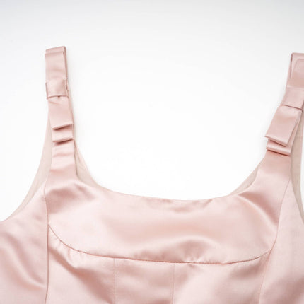 Natalina Pink Sleeveless Midi Dress with Bowknot Strap Detailing and Pleats