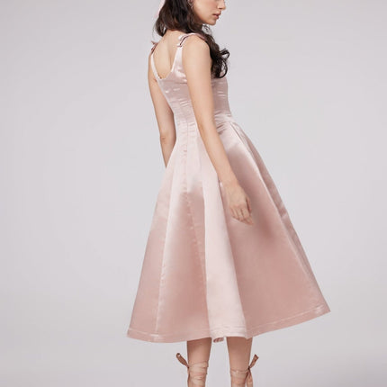 Natalina Pink Sleeveless Midi Dress with Bowknot Strap Detailing and Pleats in High-Gloss Terylene Fiber