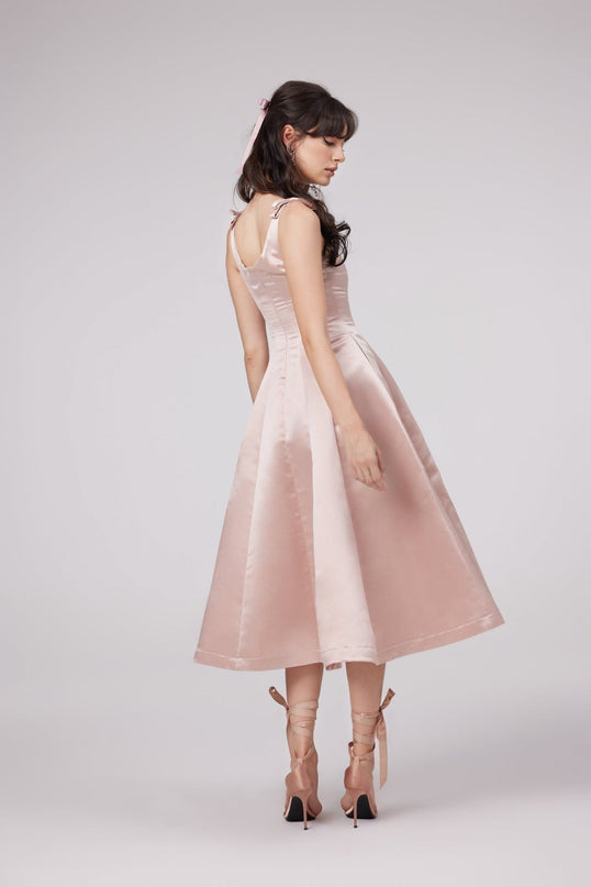 Natalina Pink Sleeveless Midi Dress with Bowknot Strap Detailing and Pleats in High-Gloss Terylene Fiber
