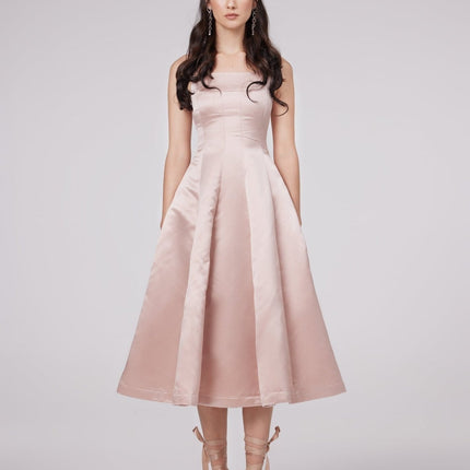 Natalina Pink Sleeveless Midi Dress with Bowknot Strap Detailing and Pleats in High-Gloss Terylene Fiber for Special Occasions