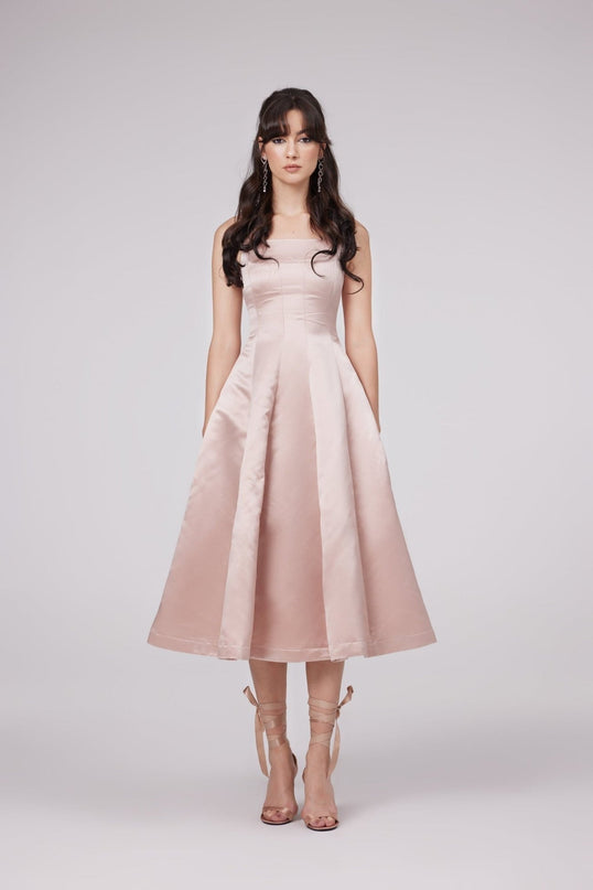 Natalina Pink Sleeveless Midi Dress with Bowknot Strap Detailing and Pleats in High-Gloss Terylene Fiber for Special Occasions
