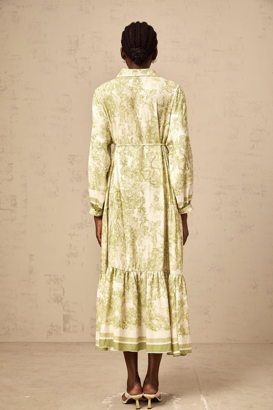 Natasha Green and White Graffiti Print Midi Dress Flared Skirt