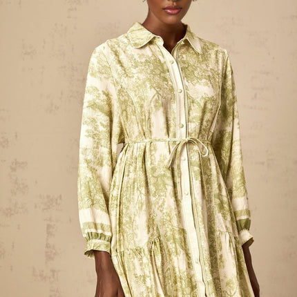 Natasha Green and White Graffiti Print Midi Dress Flared Skirt