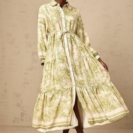 Natasha Green and White Midi Dress Flared Skirt with Graffiti Print